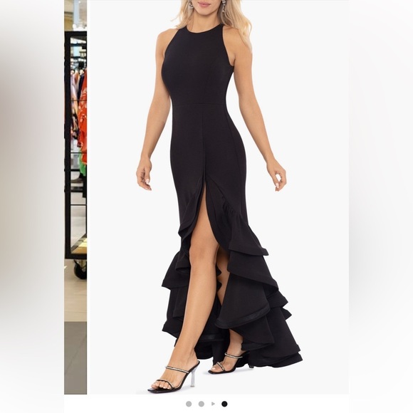 Betsy & Adam "ARIELLE" SCUBA Black CREPE RUFFLE SLIT GOWN size 2 - Picture 7 of 8